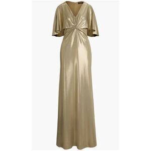NWT Lauren Ralph Lauren metallic Gold Foil twist front Cape Gown Dress Jersey